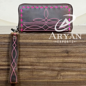 Wholesale Handmade Stylish Boot Stitch <b>Genuine</b> <b>Leather</b> <b>Wallets</b> with Hand Strap Multi-function Phone RFID Zipper Clutch for Women - Product Image 1