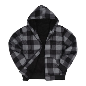 Sweat-shirt en flanelle à capuche à fermeture éclair, motif écossais noir et gris, coupe classique, décontracté, pour l'hiver, prix d'usine - Product Image 4