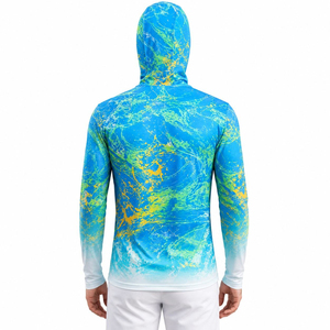 Wholesale Men's Sublimation Printed Long Sleeve Fishing Hoodie UPF 50 Anti-Uv Quick Dry Blue Green Pattern Pullover Shirt - Product Image 2