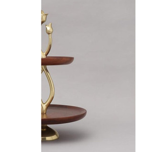 Two-Tier Wooden <b>Cake</b> <b>Stand</b> Featuring Rich Brown Trays Twisted Brass Metal Central Pillar & Twin Tulip Finial Handles For Serving - Product Image 5