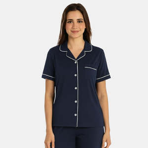 Conjunto de Pijama de 2 Piezas para Mujer, Color Azul Marino, Manga Corta, Cuello en V, Tejido de Algodón Suave, Estilo Clásico Informal para Primavera - Product Image 2