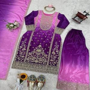 VASTRA COTTAGE Elegante Traje Kurta Palazzo de Seda Chinon con Dupatta y Bordado de Lentejuelas, Ropa Étnica Festiva para Fiestas - Product Image 6