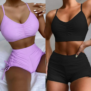 Nouveau maillot de bain deux pièces uni pour femme, avec haut sexy froncé, taille haute et effet ventre plat, style conservateur - Product Image 4