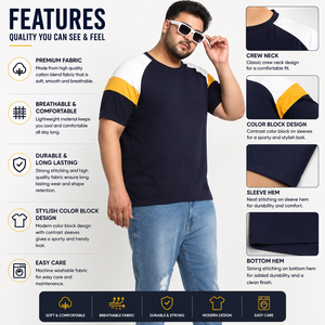Camiseta de Manga Raglán Azul Marino para Hombre con Ribete en Contraste Blanco y Amarillo, Cuello Redondo, Corte Holgado, Tejido de Punto, 100% Algodón, Logotipo Frontal - Product Image 5