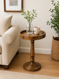 Mesa Auxiliar de Madera Maciza con Pedestal, Portátil, Ecológica y Duradera, Mesa de Noche para Sala de Estar, Mesa Auxiliar para Café - Product Image 5