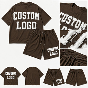 Custom Logo Oversized 100% Cotton Breathable T-Shirt <b>Shorts</b> Set <b>Men's</b> Silk Screen Printed Casual Streetwear Two-Piece <b>Brown</b> 300g - Product Image 2