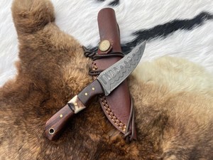 Damascus Steel Drop Point Hunting Knife With Wood Handle Serrated Edge Outdoor Survival <b>Tool</b> - Product Image 2