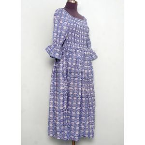 เดรสยาวทรงเอ สไตล์โบฮีเมียน ลายพิมพ์ ผ้าฝ้ายถัก แขนทรงกระดิ่ง คอเหลี่ยม ใส่สบาย เหมาะสำหรับงานปาร์ตี้ สีฟ้า รุ่นซัมเมอร์ใหม่ - Product Image 5