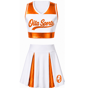 Conjunto de Uniforme de Porristas Sublimado Blanco y Naranja sin Mangas, Top Corto y Falda Deportiva para Equipo, Ropa Deportiva de Entrenamiento y Alto Rendimiento, Personalizable - Product Image 1