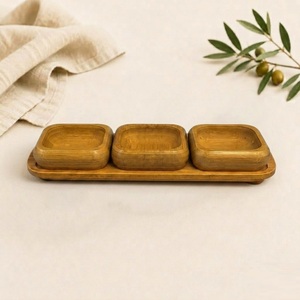 Ensemble de 3 bols à collation écologiques en bois naturel avec support de service et plateaux carrés pour condiments – Ustensiles de cuisine pour la maison et les fêtes - Product Image 4