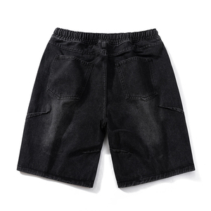 Shorts en jean pour homme, 100 % polyester, avec cordon de serrage, couleur unie, taille mi-haute, tricoté, coupe ample, délavé, coupe droite, style décontracté et tendance - Product Image 5
