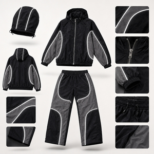 Survêtements coupe-vent à capuche de qualité supérieure 2027, ensemble 2 pièces, avec logo personnalisé et passepoil, couleur unie, pour le sport - Product Image 2