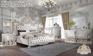 French Style White Gold Polish Bedroom Furniture Stylish Hand Carved <b>Bed</b> with <b>Side</b> <b>Tables</b> Italian Carved Classic Bedroom Set - Product Image 4