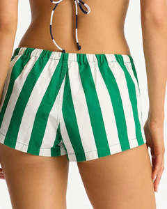OEM Trendy Women's Stripe Pattern Shorts <b>Elastic</b> Half Back Waist With Internal Draw <b>Cord</b> Quick Dry Casual Wear Women's Shorts - Product Image 3