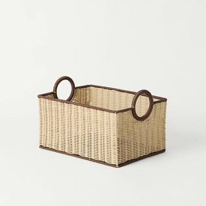 New Design Handcrafted Two-Tone Woven Rectangular Storage <b>Basket</b> <b>Round</b> Handles Suitable for Home Living Room & Closet Organizer - Product Image 2