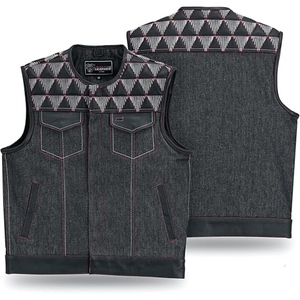 Gilet de motard personnalisé pour homme en denim noir et cuir véritable, avec encolure brodée style western, pour club de motards, fabricant OEM - Product Image 1