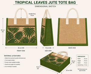 Bolsa de Yute Laminada Personalizada con Estampado de Hojas Tropicales, Ecológica, Reutilizable, con Bolsillo con Cremallera, Asa de Algodón, Resistente, para Exposiciones, Amani - Product Image 3
