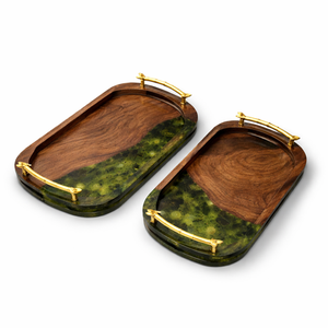 Juego de 2 bandejas ovaladas de madera para servir, para el hogar, hotel, mesa, frutas, comida, con resina verde. - Product Image 1