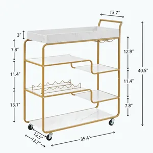 Chariot de service moderne en métal doré avec plateau en marbre blanc et porte-bouteilles 35,4x13,7x40,5 pouces pour les fêtes à domicile - Product Image 5
