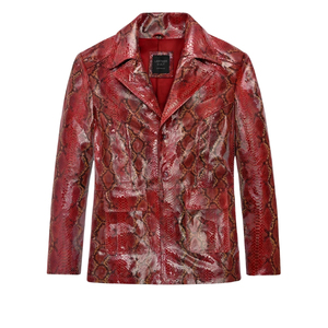เสื้อแจ็คเก็ตหนังแท้ลายงูหลามสีแดงสำหรับผู้ชาย แบรนด์ Leather Cult แบบกระดุมแถวเดียว ปกคอพับ สไตล์วินเทจ - Product Image 1
