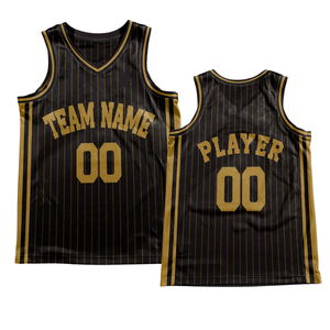 Ensemble uniforme de basket-ball rétro personnalisé noir et or à rayures fines, maillot et short avec texte doré, design rétro avec nom et numéro d'équipe - Product Image 6