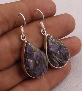 925 <b>Sterling</b> <b>Silver</b> Purple Copper Charoite <b>Earrings</b> Natural Composite Gemstone Teardrop <b>Dangle</b> <b>Earrings</b> Handmade Jewelry Wholesa - Product Image 2
