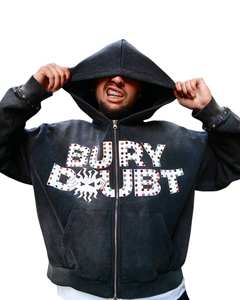 Sudadera con capucha de forro polar con cremallera para hombre, estilo oversize, de algodón de 430 g/m², con pedrería, corte holgado, lavado ácido vintage, para streetwear, personalizada, venta al por mayor 2026 - Product Image 1