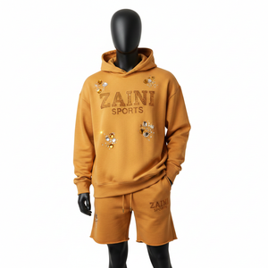 Ensemble sweat à capuche et short en coton polyester épais GSM pour homme, couleur moutarde, avec logo thermocollé en strass de luxe - Product Image 6