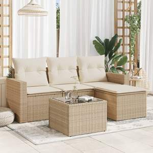 Juego de sofás de jardín de ratán PE beige con acero con recubrimiento en polvo y muebles de exterior duraderos de vidrio templado - Product Image 1