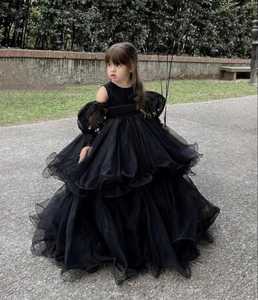 Vestido de Fiesta de Lujo para Niñas, Negro, con Capas, de Georgette, con Escote en V Profundo, Adornado con Lazo, Mangas Abullonadas, Estilo Princesa, para Bodas y Fiestas - Product Image 4