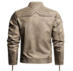 Blouson moto coupe-vent en cuir véritable noir pour homme, col montant, fermeture éclair, coupe ajustée, finition délavée, manches classiques, hiver - Product Image 5