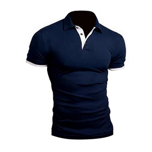 Polo noir pour homme à manches courtes, couleur unie, tricoté, style décontracté avec col et poignets bleus - Product Image 3