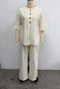 Women's Navy Blue Linen Two-Piece Suit Set V-Neck Button Front Loose Fit Casual Summer Outfit Three Quarter Sleeve <b>Pants</b> - Product Image 2