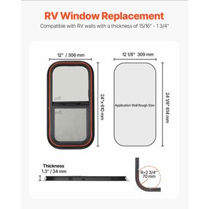 Vertical Tinted Sliding RV Window 12\" W X 24\" H Net Screen Trim <b>Ring</b> for 15/16\" 1 3/4\" <b>Thickness</b> RV Exterior Accessories - Product Image 2