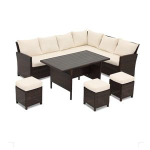 Conjunto de Comedor de Mimbre de 7 Piezas para Patio, 9 Plazas, con Cojines Color Marfil, Sofá, Otomanas y Mesa de Comedor para Terraza, Jardín o Patio Trasero - Product Image 1