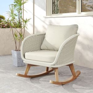 Sedia a Dondolo Contemporanea Minimalista in Vimini Beige con Morbidi Cuscini in Poliestere e Telaio in Legno Resistente per Uso Interno - Product Image 1