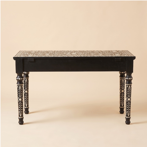 Table console de luxe noire à incrustations florales en os, meuble indien fait main pour salon et chambre à coucher - Product Image 2