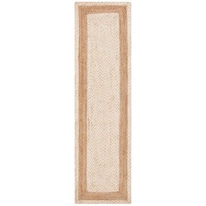 Tapis rectangulaire classique en jute avec bordure beige, tissage plat, dos antidérapant, pour couloir et usage domestique - Product Image 1