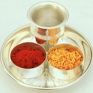 Venta al por mayor vaca becerro Kalpavriksh grabado Thali Set Pooja artículos boda bienvenida Thali inauguración regalo indio regalo Favor - Product Image 1