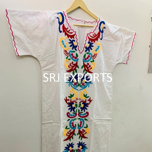 Vestido Maxi Casual con Diseño Bordado a Mano, 100% Algodón, Lavable, con Botones Decorativos, Mangas Cortas, Cuello en V, Cintura Imperio, Corte Holgado - Product Image 1