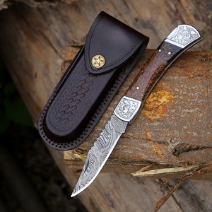 Handmade High Quality Damascus Steel Folding Knife Engraved Pine Cone Handle OEM ODM Pocket Knives with Leather Sheath Wholesale - Product Image 1