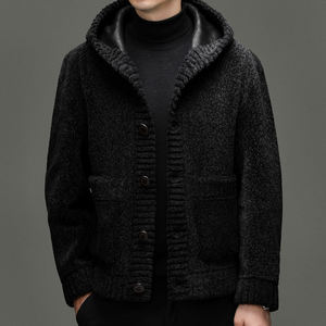 Nouvelle arrivée, veste en laine polaire à capuche pour homme, couleur unie noire, manteau d'hiver en laine, vêtements de rue décontractés populaires - Product Image 4