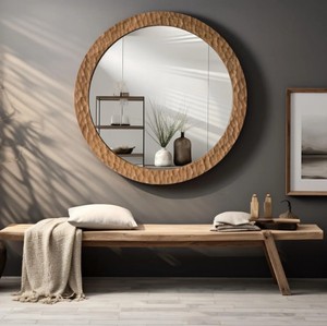 Handcrafted Wooden Wall <b>Mirror</b> – Textured Round <b>Frame</b> <b>Mirror</b> for Modern Rustic Interior Decor - Product Image 4