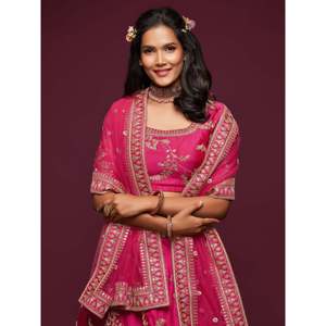 Encantador hilo Rosa bordado arte seda boda Lehenga Choli - Product Image 3