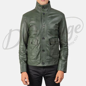 Chaqueta de cuero verde bosque para hombre, estilo militar, con botones, para caza, corte ajustado, de piel de oveja auténtica. - Product Image 2