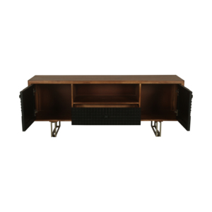 Solid Mango Wood Tv Console CNC Carved Media <b>Unit</b> Storage Cabinet Two Door One <b>Drawer</b> Iron Base Entertainment Stand Furniture - Product Image 2