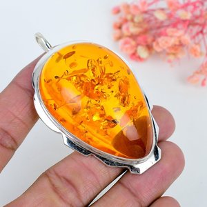 Pendentif élégant vintage plaqué or/argent en argent sterling 925 fait main avec charme en ambre naturel de la Baltique certifié par un tiers - Product Image 4