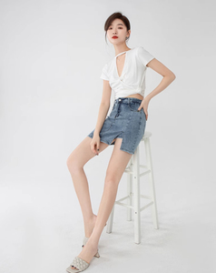 Jupe en jean bleu foncé mi-longue coupe ample avec ceinture et boutons, style décontracté automne, vente en gros pour filles et femmes - Product Image 5