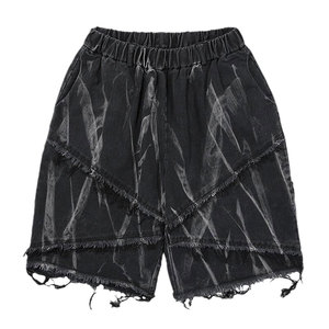 Pantalones Cortos de Algodón Rasgados de Cintura Alta para Hombre, Estilo Casual Urbano, Cintura Elástica, Aspecto Denim Tejido, Diseño Transpirable - Product Image 1