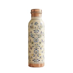 Wholesale Ayurvedic Pure Copper Water <b>Bottle</b> Cream Body with Blue Floral Printed Design Leak-Proof Metal Sports Drinkware - Product Image 1